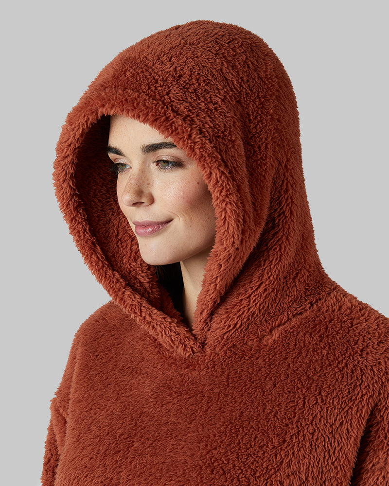 32 Degrees Maple Syrup _ Women's soft sherpa Pullover Hoodie {model: Katie is 5'10"and size 4 wearing size S}{bottom}{right} {bottom}{right}