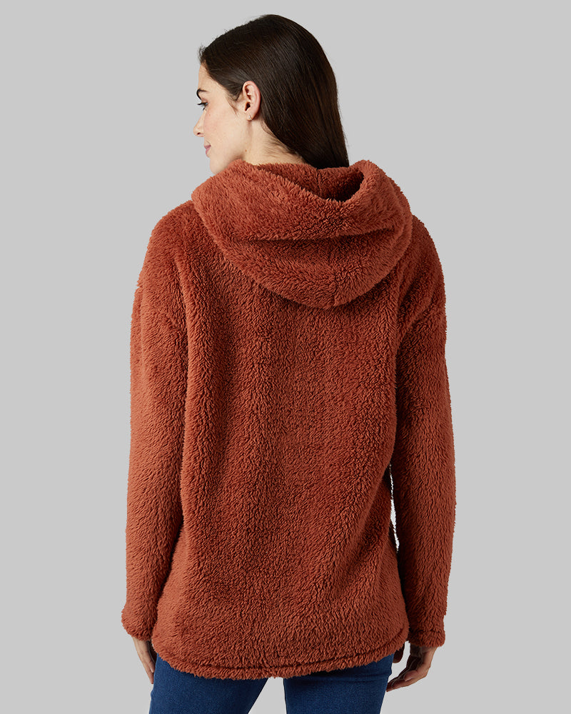 32 Degrees Maple Syrup _ Women's soft sherpa Pullover Hoodie {model: Katie is 5'10"and size 4 wearing size S}{bottom}{right} {bottom}{right}