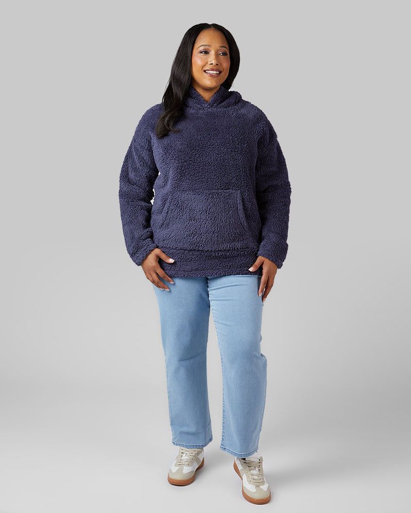32 Degrees Nightshadow Blue _ Women's soft sherpa Pullover Hoodie {model: Jeharna is 5'9and size 14 wearing size L}{bottom}{right} {bottom}{right}