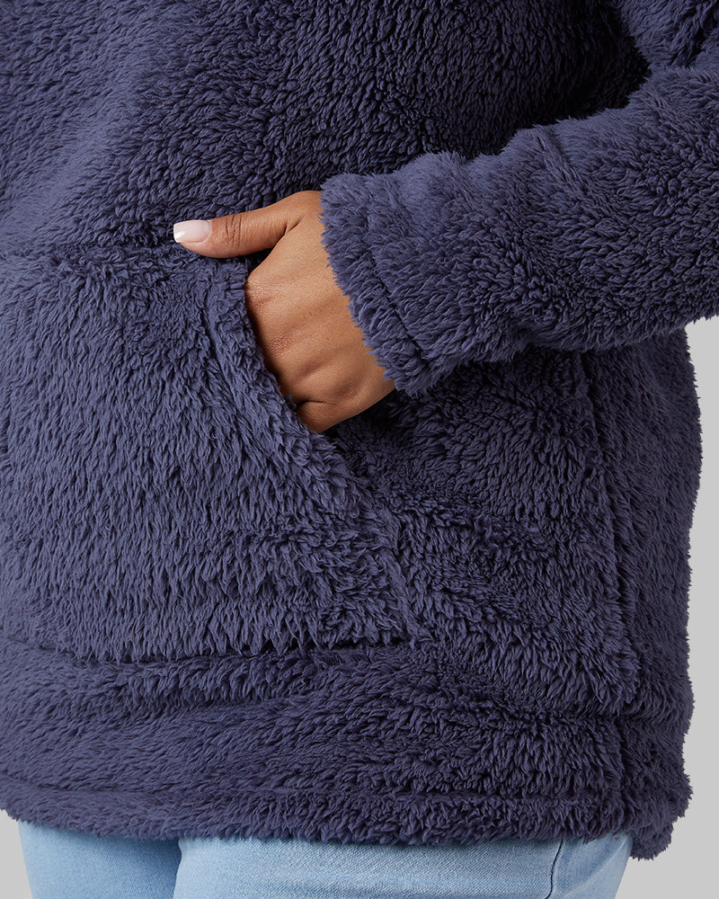 32 Degrees Nightshadow Blue _ Women's soft sherpa Pullover Hoodie {model: Jeharna is 5'9and size 14 wearing size L}{bottom}{right} {bottom}{right}