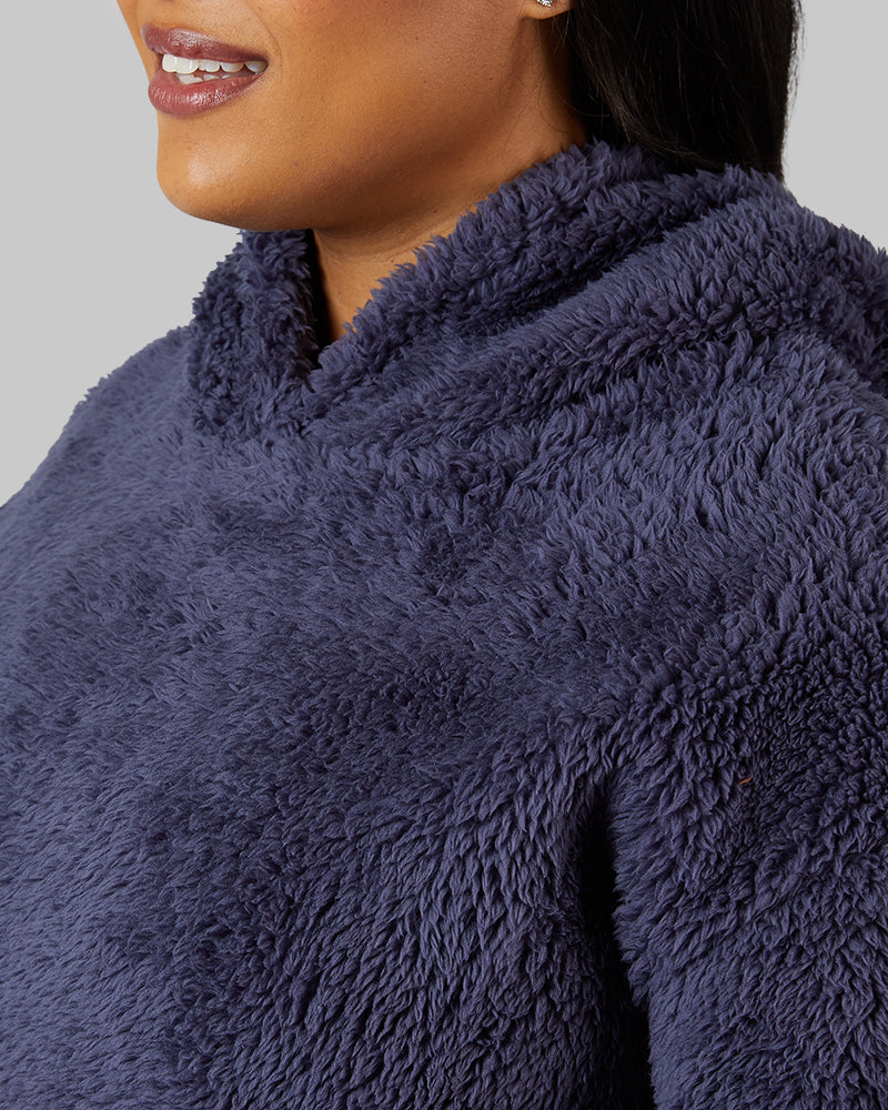32 Degrees Nightshadow Blue _ Women's soft sherpa Pullover Hoodie {model: Jeharna is 5'9and size 14 wearing size L}{bottom}{right} {bottom}{right}