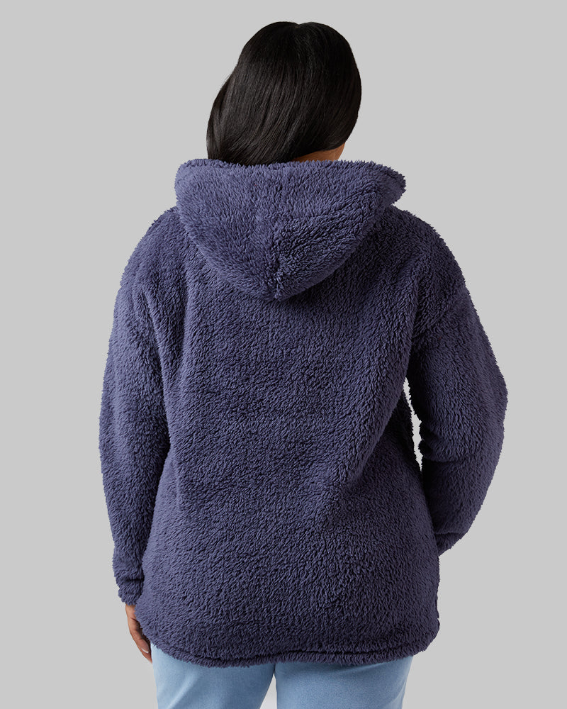 32 Degrees Nightshadow Blue _ Women's soft sherpa Pullover Hoodie {model: Jeharna is 5'9and size 14 wearing size L}{bottom}{right} {bottom}{right}
