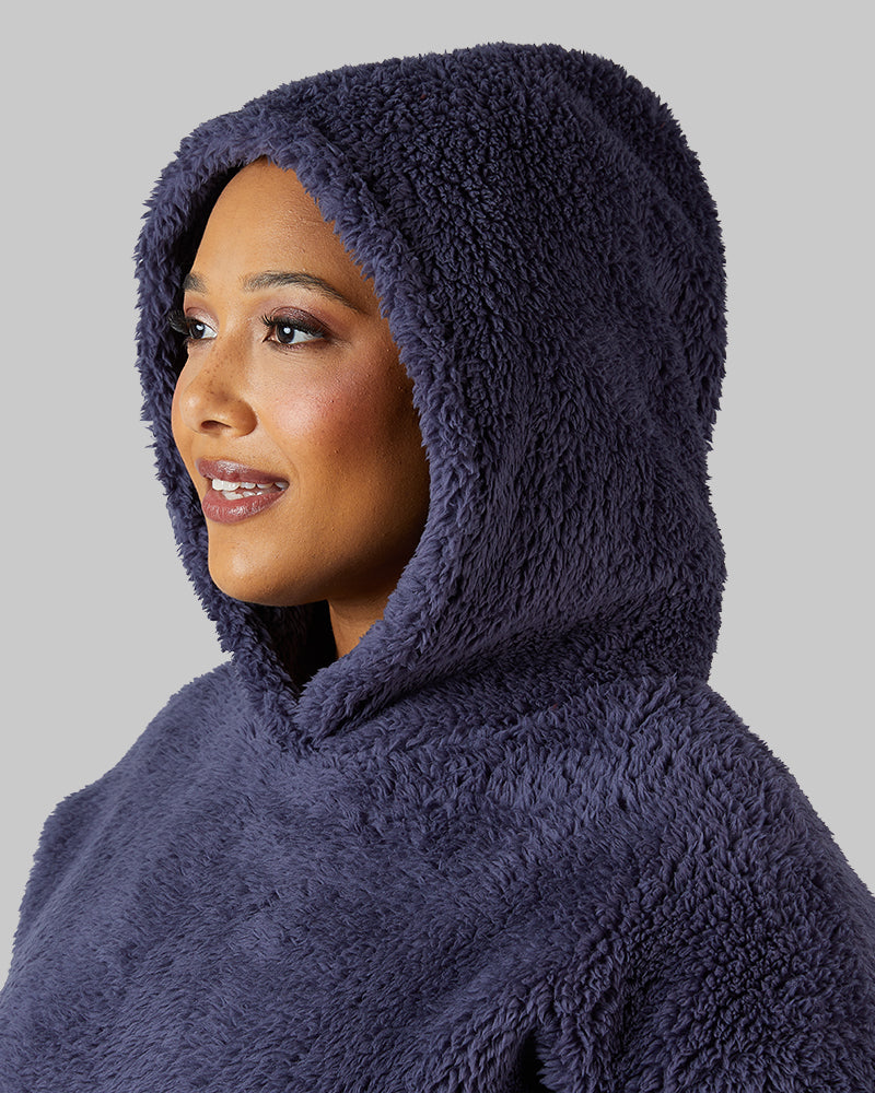 32 Degrees Nightshadow Blue _ Women's soft sherpa Pullover Hoodie {model: Jeharna is 5'9and size 14 wearing size L}{bottom}{right} {bottom}{right}