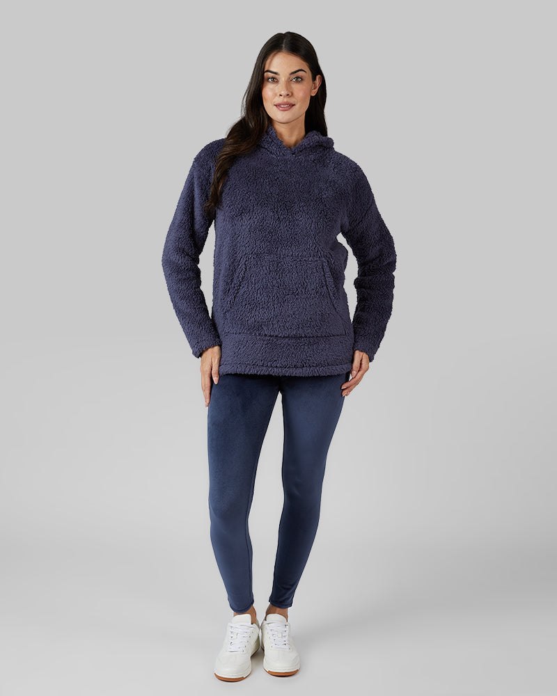 32 Degrees Nightshadow Blue _ Women's soft sherpa Pullover Hoodie {model: Bailey is 5'9and size 4 wearing size S}{bottom}{right} {bottom}{right}