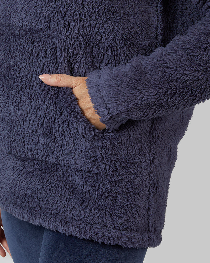 32 Degrees Nightshadow Blue _ Women's soft sherpa Pullover Hoodie {model: Bailey is 5'9and size 4 wearing size S}{bottom}{right} {bottom}{right}