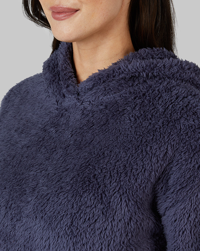 32 Degrees Nightshadow Blue _ Women's soft sherpa Pullover Hoodie {model: Bailey is 5'9and size 4 wearing size S}{bottom}{right} {bottom}{right}