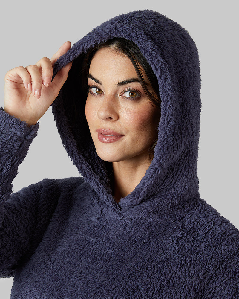 32 Degrees Nightshadow Blue _ Women's soft sherpa Pullover Hoodie {model: Bailey is 5'9and size 4 wearing size S}{bottom}{right} {bottom}{right}