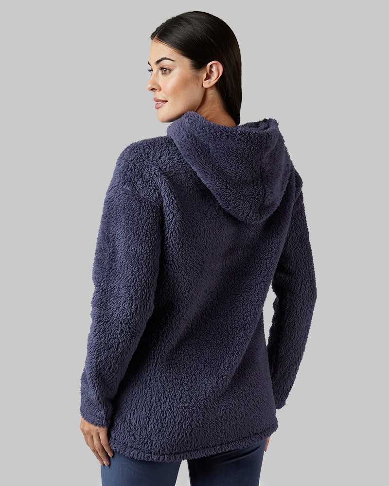32 Degrees Nightshadow Blue _ Women's soft sherpa Pullover Hoodie {model: Bailey is 5'9and size 4 wearing size S}{bottom}{right} {bottom}{right}