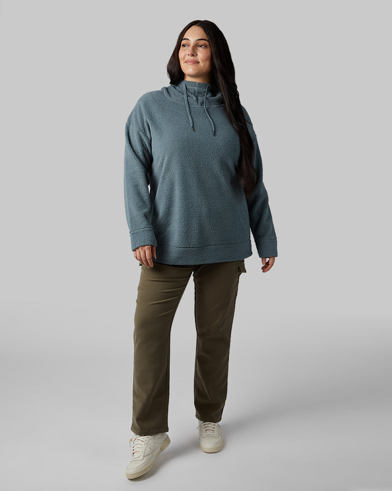 32 Degrees Goblin Blue _ Women's shorthair sherpa Pullover Hoodie {model: Kristen is 5'7"and size 14 wearing size L}{bottom}{right} {bottom}{right}