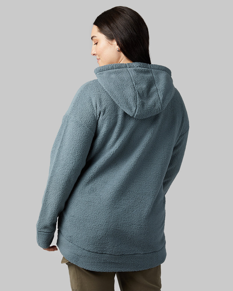 32 Degrees Goblin Blue _ Women's shorthair sherpa Pullover Hoodie {model: Kristen is 5'7"and size 14 wearing size L}{bottom}{right} {bottom}{right}