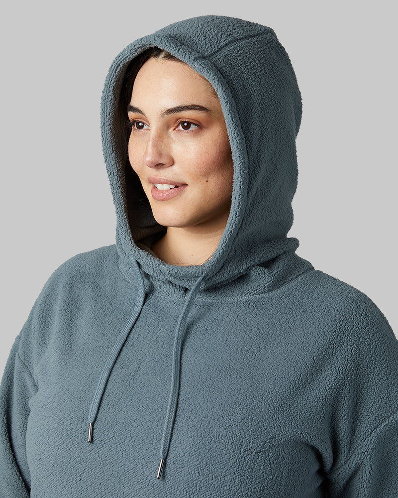 32 Degrees Goblin Blue _ Women's shorthair sherpa Pullover Hoodie {model: Kristen is 5'7"and size 14 wearing size L}{bottom}{right} {bottom}{right}