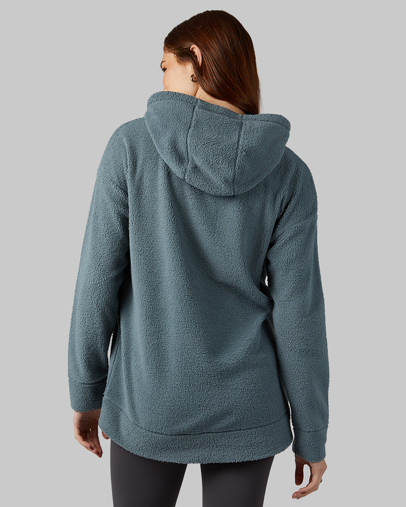 32 Degrees Goblin Blue _ Women's shorthair sherpa Pullover Hoodie {model: Izzy is 5'9"and size 4 wearing size S}{bottom}{right} {bottom}{right}