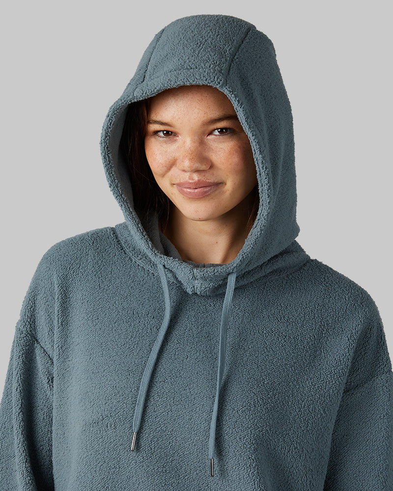 32 Degrees Goblin Blue _ Women's shorthair sherpa Pullover Hoodie {model: Izzy is 5'9"and size 4 wearing size S}{bottom}{right} {bottom}{right}