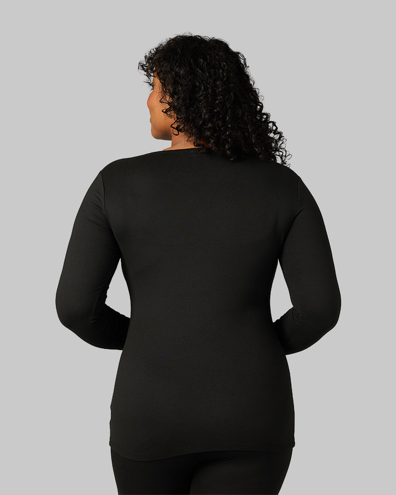 32 Degrees Black _ Women's Lightweight Baselayer scoop Top {model: Brianna is 5'10"and size 12 wearing size L}{bottom}{right} {bottom}{right}