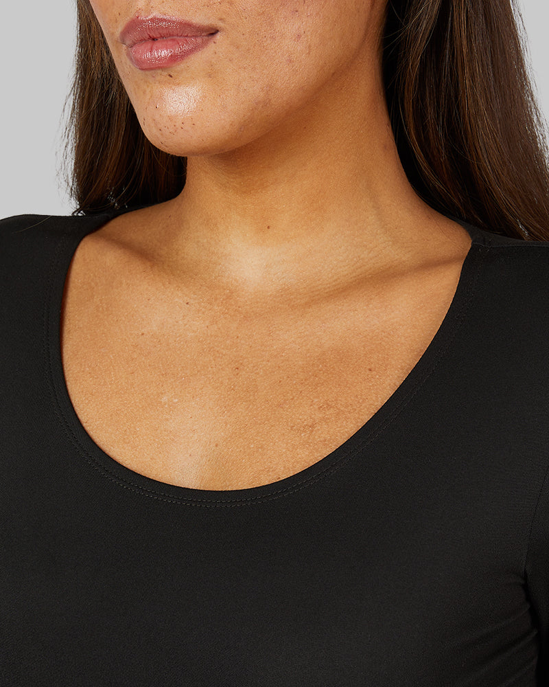 32 Degrees Black _ Women's Lightweight Baselayer scoop Top {model: Shelby is 5'9"and size 4 wearing size S}{bottom}{right} {bottom}{right}