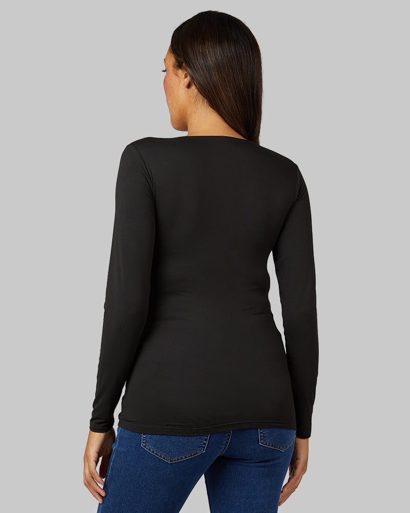32 Degrees Black _ Women's Lightweight Baselayer scoop Top {model: Shelby is 5'9"and size 4 wearing size S}{bottom}{right} {bottom}{right}