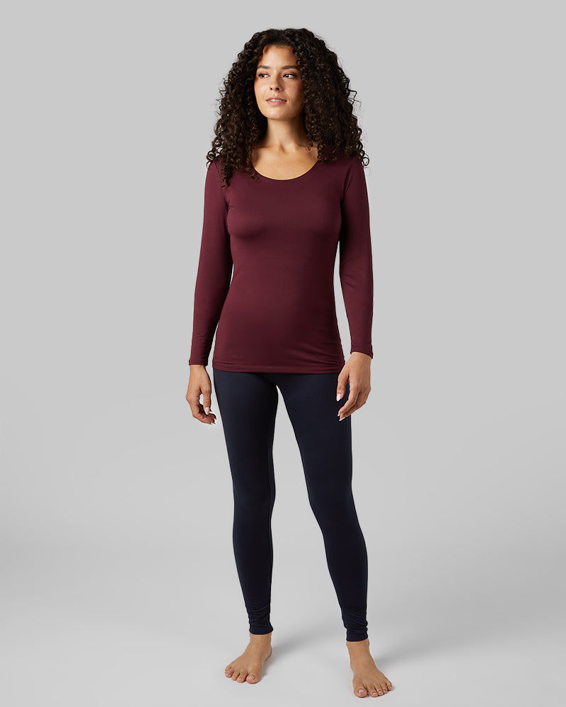 32 Degrees Maroon Banner _ Women's Lightweight Baselayer scoop Top {model: Gabrielle is 5'8"and size 4 wearing size S}{bottom}{right} {bottom}{right}