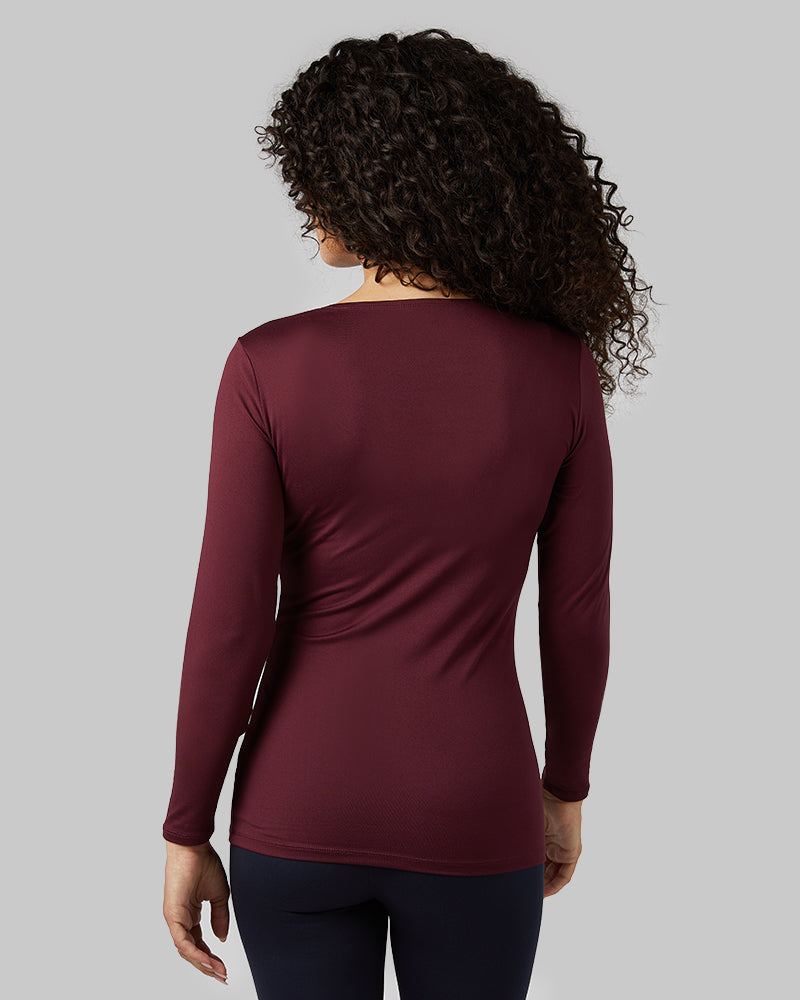 32 Degrees Maroon Banner _ Women's Lightweight Baselayer scoop Top {model: Gabrielle is 5'8"and size 4 wearing size S}{bottom}{right} {bottom}{right}