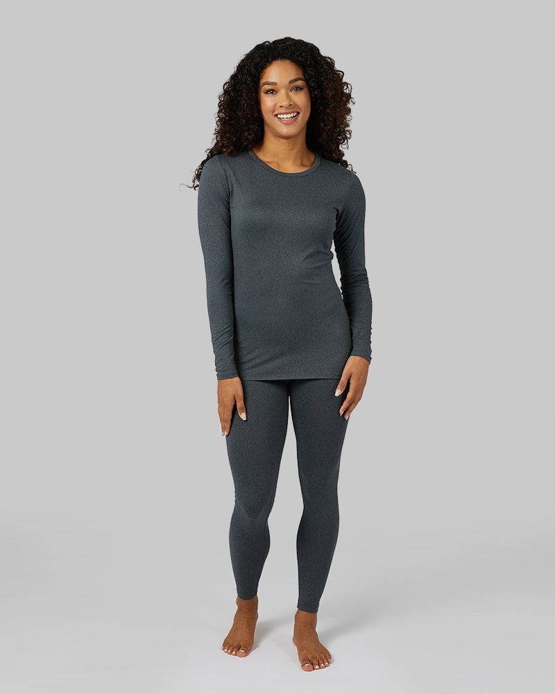 32 Degrees Charcoal Heather _ Women's Lightweight Baselayer Crew Top {model: Alexis is 5'6"and size 4-6 wearing size S}{bottom}{right} {bottom}{right}