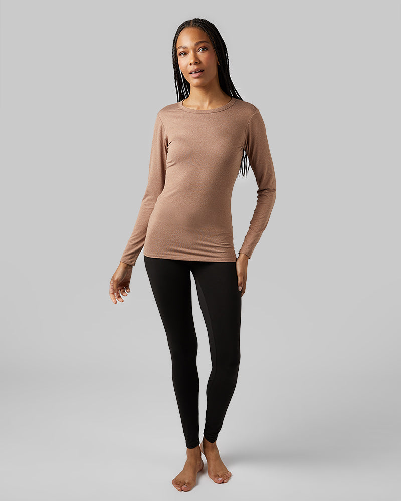 32 Degrees Mustang Heather _ Women's Lightweight Baselayer Crew Top {model: Dido is 5'9"and size 4 wearing size S}{bottom}{right} {bottom}{right}