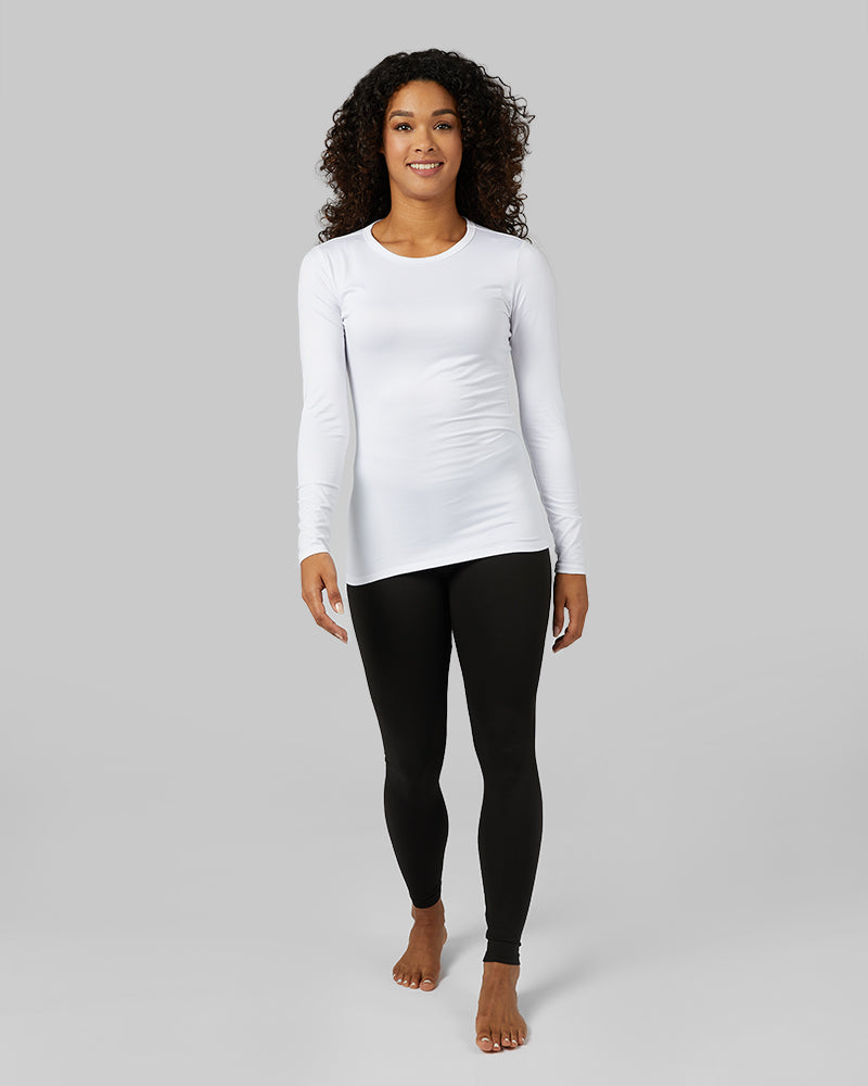 32 Degrees White _ Women's Lightweight Baselayer Crew Top {model: Alexis is 5'6"and size 4-6 wearing size S}{bottom}{right} {bottom}{right}