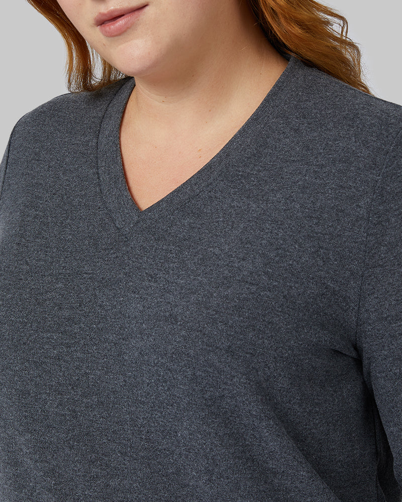 32 Degrees Black Heather _ Women's soft sweater Knit Vneck Top {model: Kylie is 5'10"and size 12-14 wearing size L}{bottom}{right} {bottom}{right}
