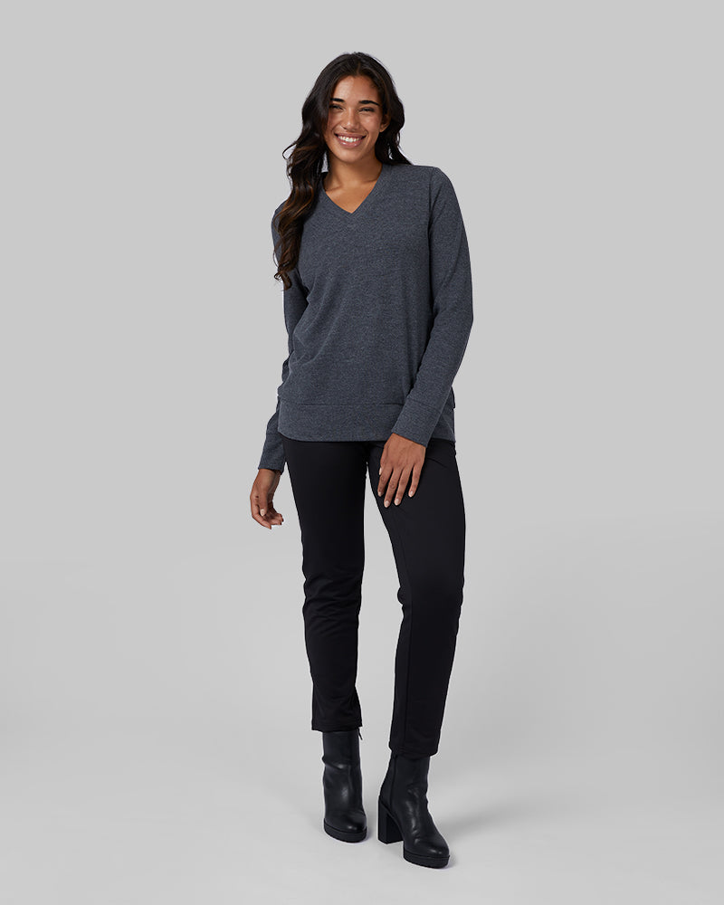 32 Degrees Black Heather _ Women's soft sweater Knit Vneck Top {model: Ria is 5'8"and size 4 wearing size S}{bottom}{right} {bottom}{right}
