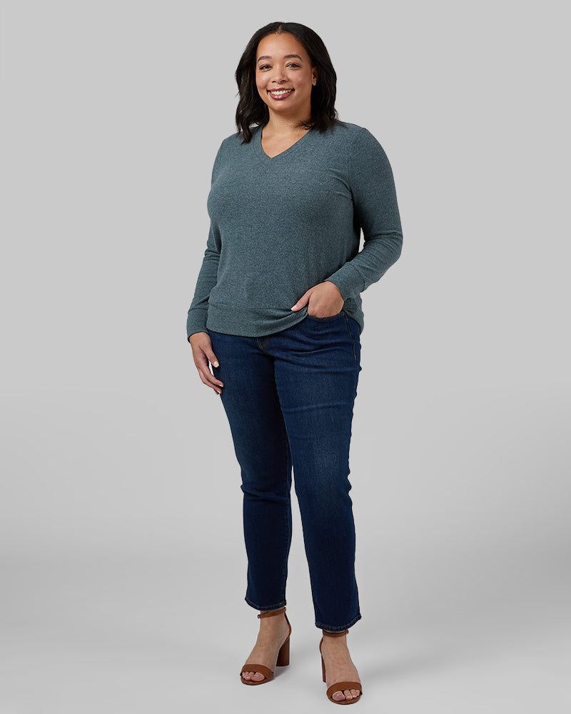 32 Degrees Magic Forest Heather _ Women's soft sweater Knit Vneck Top {model: Storm is 5'9"and size 12 wearing size L}{bottom}{right} {bottom}{right}
