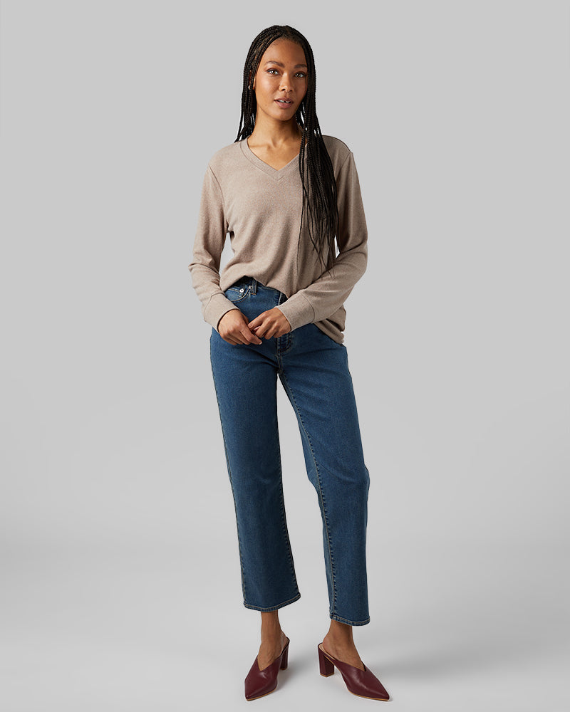 32 Degrees Taupe Heather _ Women's soft sweater Knit Vneck Top {model: Dido is 5'9"and size 4 wearing size S}{bottom}{right} {bottom}{right}