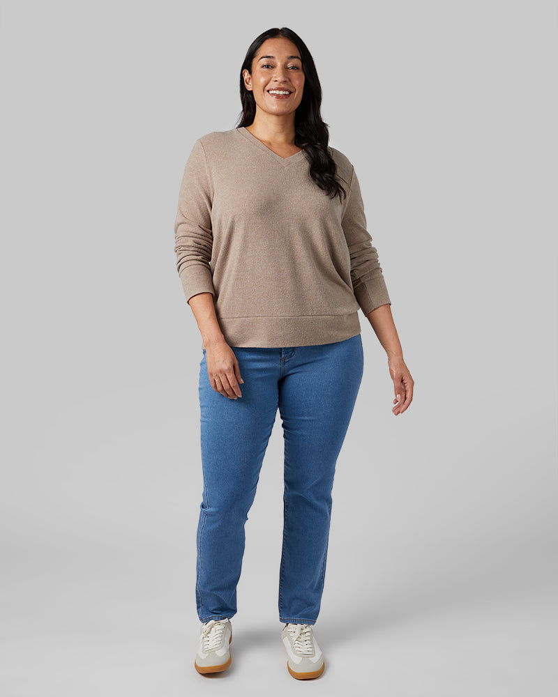 32 Degrees Taupe Heather _ Women's soft sweater Knit Vneck Top {model: Amanda is 5'8"and size 14 wearing size L}{bottom}{right} {bottom}{right}
