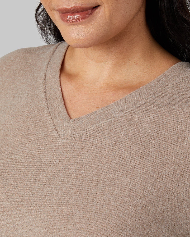 32 Degrees Taupe Heather _ Women's soft sweater Knit Vneck Top {model: Amanda is 5'8"and size 14 wearing size L}{bottom}{right} {bottom}{right}