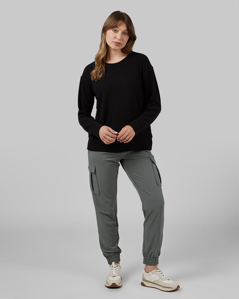 32 Degrees Black _ Women's soft sweater Knit Crew Top {model: Julia is 5'8"and size 4 wearing size S}{bottom}{right} {bottom}{right}