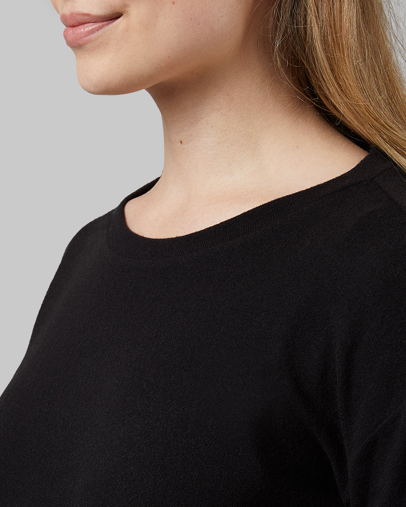 32 Degrees Black _ Women's soft sweater Knit Crew Top {model: Julia is 5'8"and size 4 wearing size S}{bottom}{right} {bottom}{right}