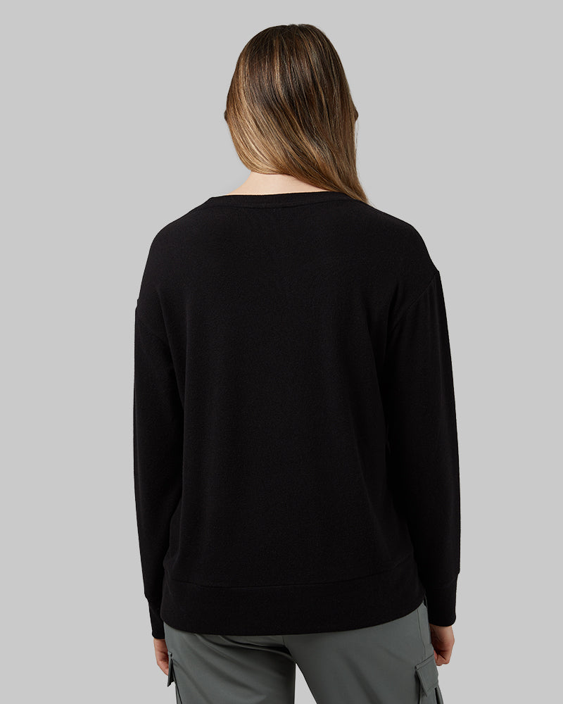 32 Degrees Black _ Women's soft sweater Knit Crew Top {model: Julia is 5'8"and size 4 wearing size S}{bottom}{right} {bottom}{right}