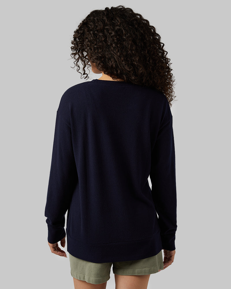 32 Degrees Navy _ Women's soft sweater Knit Crew Top {model: Gabrielle is 5'8"and size 4 wearing size S}{bottom}{right} {bottom}{right}