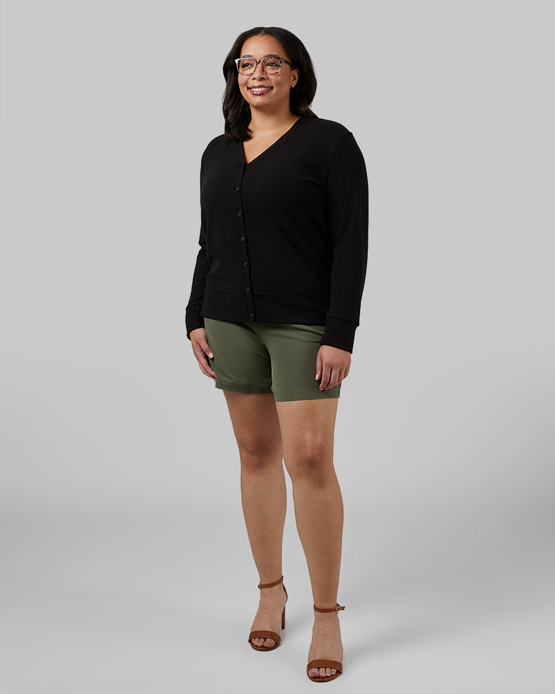32 Degrees Black _ Women's soft sweater Knit Cardigan {model: Storm is 5'9"and size 12 wearing size L}{bottom}{right} {bottom}{right}