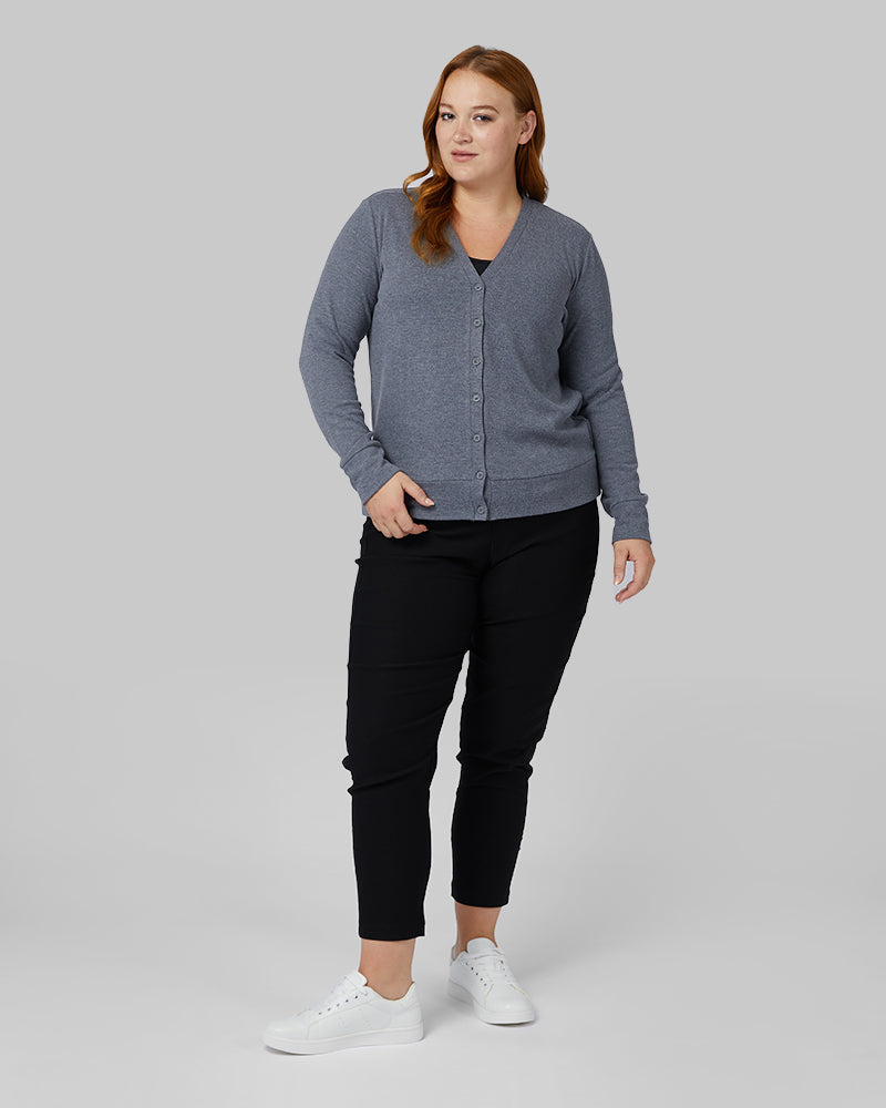 32 Degrees Charcoal Heather _ Women's soft sweater Knit Cardigan {model: Kylie is 5'10"and size 12-14 wearing size L}{bottom}{right} {bottom}{right}