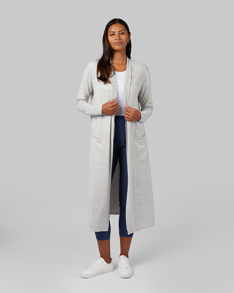 32 Degrees Ghost Grey Space Dye _ Women's soft Comfy Long Lounge Wrap {model: Victoria is 5'10"and size 4-6 wearing size S}{bottom}{right} {bottom}{right}