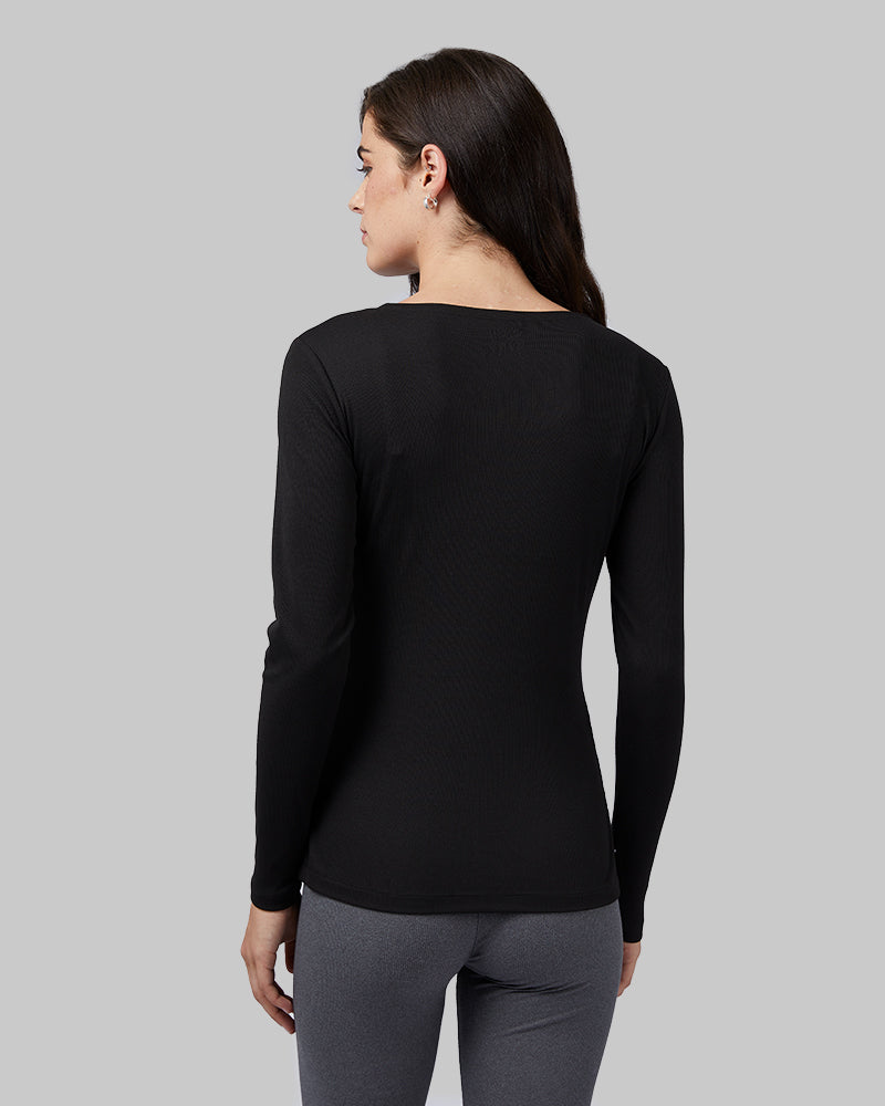 32 Degrees Black _ Women's soft Rib scoop Top {model: Katie is 5'10"and size 4 wearing size S}{bottom}{right} {bottom}{right}
