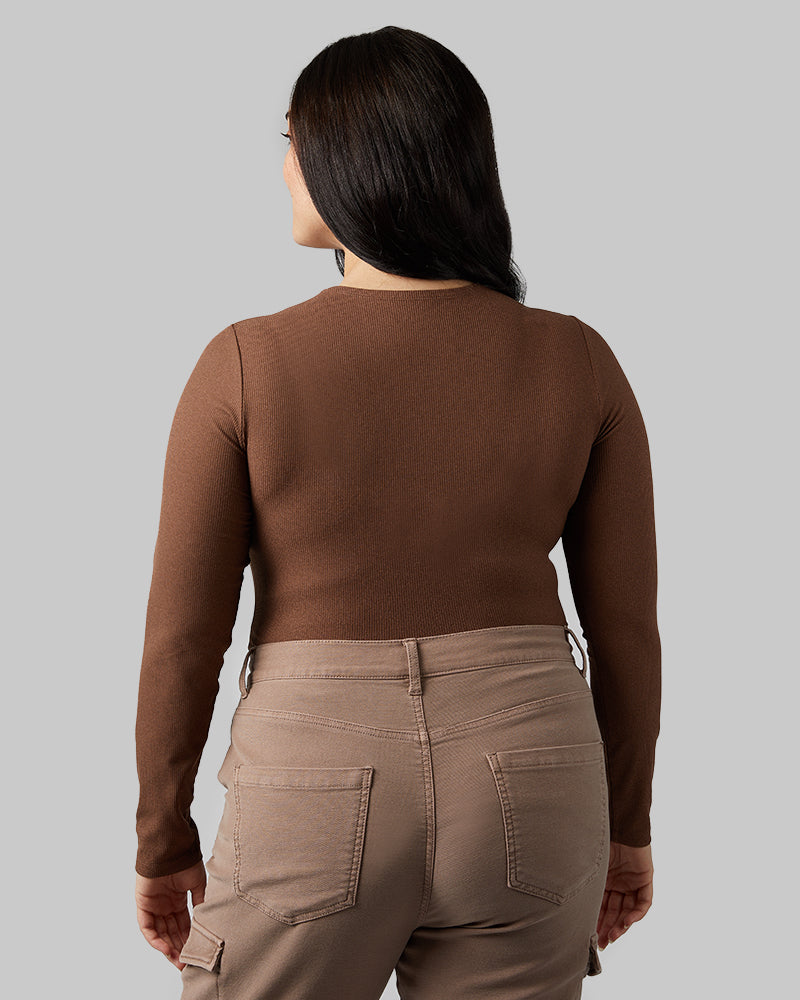 32 Degrees Chicory Coffee Heather _ Women's soft Rib scoop Top {model: Kristen is 5'7"and size 14 wearing size L}{bottom}{right} {bottom}{right}