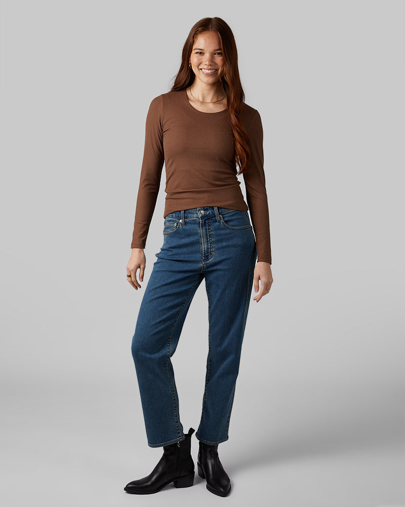 32 Degrees Chicory Coffee Heather _ Women's soft Rib scoop Top {model: Izzy is 5'9"and size 4 wearing size S}{bottom}{right} {bottom}{right}