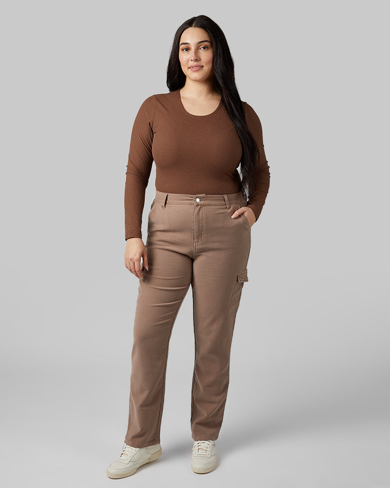 32 Degrees Chicory Coffee Heather _ Women's soft Rib scoop Top {model: Kristen is 5'7"and size 14 wearing size L}{bottom}{right} {bottom}{right}