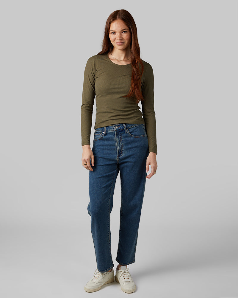 32 Degrees Forest Night Heather _ Women's soft Rib scoop Top {model: Izzy is 5'9"and size 4 wearing size S}{bottom}{right} {bottom}{right}