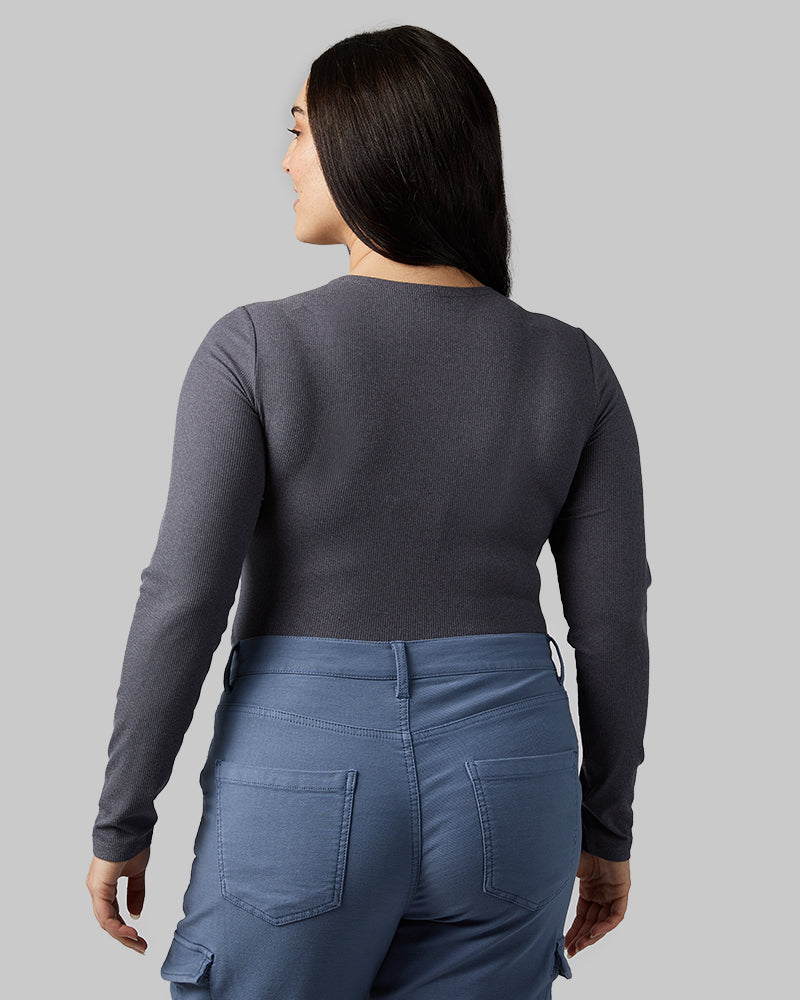 32 Degrees Peacoat Heather _ Women's soft Rib scoop Top {model: Kristen is 5'7"and size 14 wearing size L}{bottom}{right} {bottom}{right}