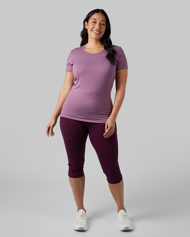 32 Degrees Dark Purple Heather _ Women's Cool Fitted T-shirt {model: Amanda is 5'8"and size 14 wearing size L}{bottom}{right} {bottom}{right}