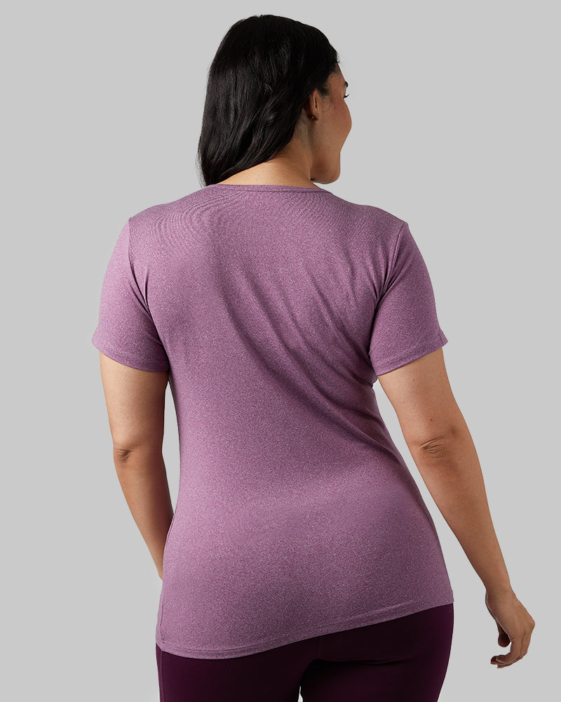 32 Degrees Dark Purple Heather _ Women's Cool Fitted T-shirt {model: Amanda is 5'8"and size 14 wearing size L}{bottom}{right} {bottom}{right}