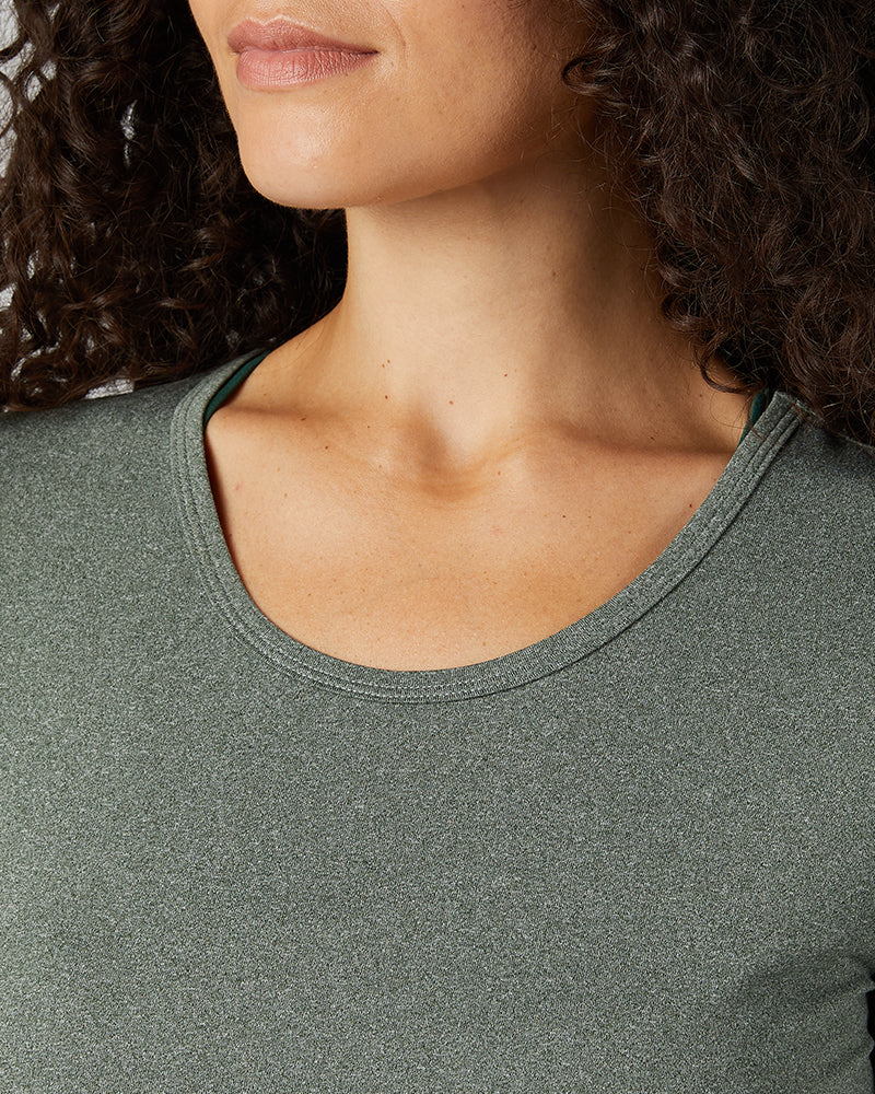 32 Degrees Pine Grove Heather _ Women's Cool Fitted T-shirt {model: Gabrielle is 5'8"and size 4 wearing size S}{bottom}{right} {bottom}{right}