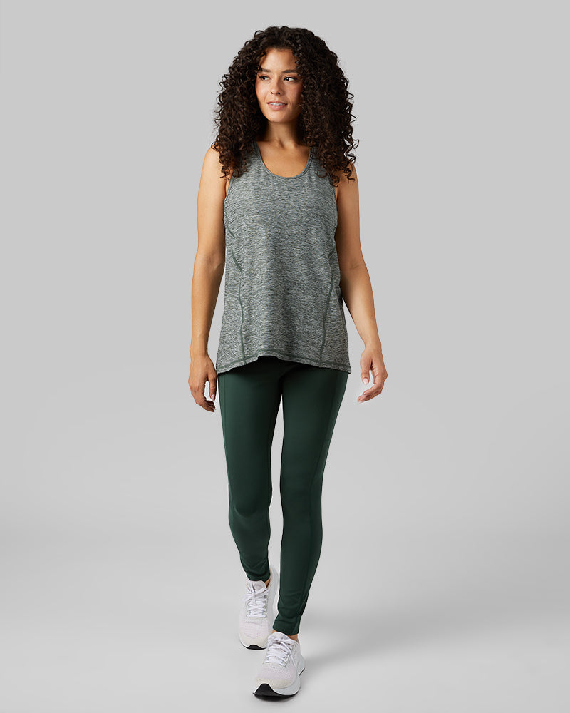 32 Degrees Sycamore Green Space Dye _ Women's Cool Racerback Tank {model: Gabrielle is 5'8"and size 4 wearing size S}{bottom}{right} {bottom}{right}