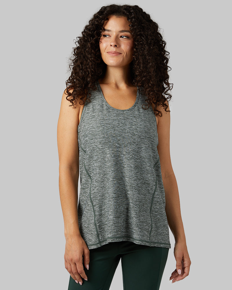 32 Degrees Sycamore Green Space Dye _ Women's Cool Racerback Tank {model: Gabrielle is 5'8"and size 4 wearing size S}{bottom}{right} {bottom}{right}