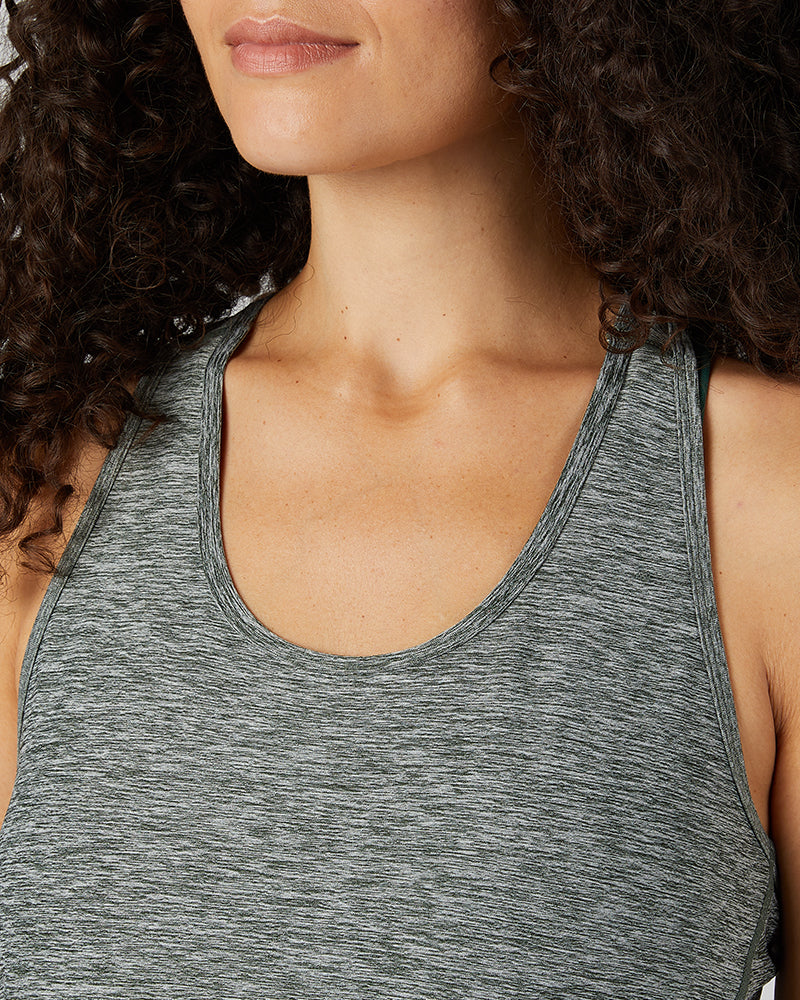 32 Degrees Sycamore Green Space Dye _ Women's Cool Racerback Tank {model: Gabrielle is 5'8"and size 4 wearing size S}{bottom}{right} {bottom}{right}